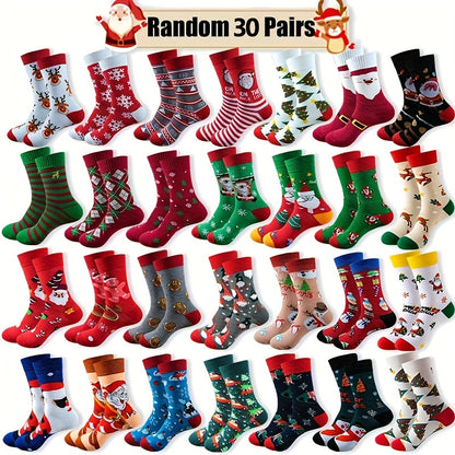 Christmas Socks 30 Pairs Fun Holiday Patterns Reindeer Santa Snowflakes Gingerbread Christmas Tree Warm Cartoon Socks – Unisex Gift Set for Men and Women