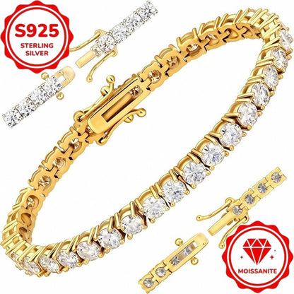 S925 Sterling Silver Moissanite Tennis Bracelet for Women – 4mm Bright Cut Gold Finish, Elegant French Style, Hypoallergenic, Sizes 6–9in, Perfect Wedding & Birthday Gift (7.71g)