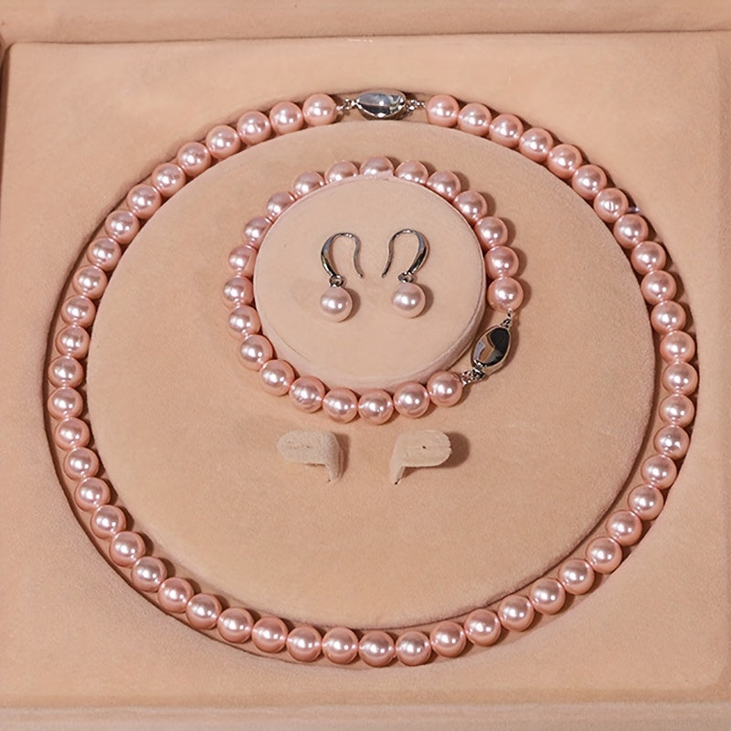 Freshwater Pearl Jewelry Set for Women - 925 Sterling Silver Cultured Pearl Necklace Bracelet & Earrings Set, Elegant French-Style Gift for Weddings Banquets Parties & Anniversaries