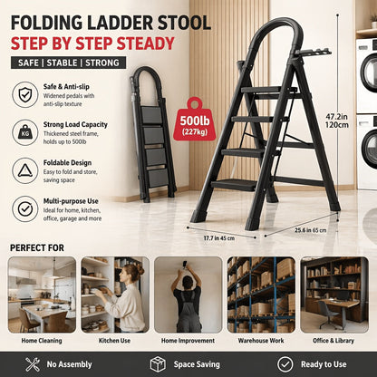 Heavy Duty Folding Step Ladder 500 Lbs Capacity - 2/3/4/5 Step Portable Non-Slip Ladder, Lightweight Durable Plastic, Foldable Step Stool for Home, Kitchen, Office & Industrial Use
