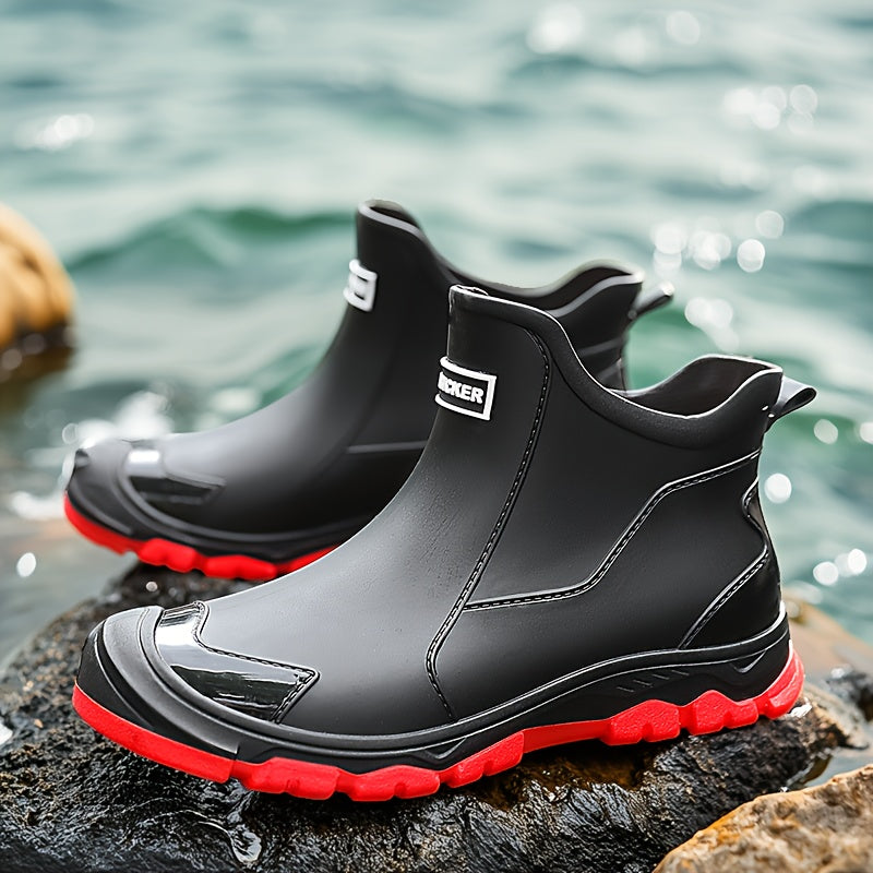 Lightweight Non-Slip Short Ankle Rain Boots for Men and Women Cushioned Insoles Breathable Lining Textured Anti-Slip Sole Fashionable Unisex Couple Rain Boots for Car Washing Outdoor Activities Black Beige US 5.5-12