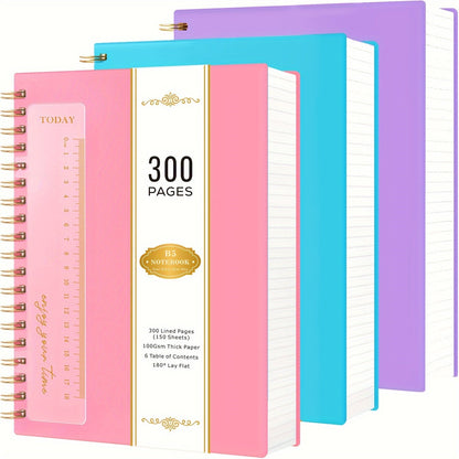 Spiral Notebook 3 Pack A5 Hardcover College Ruled Journal Set, 300 Pages 100GSM Thick Paper, PVC Cover Notepad for Women Girls Students, 5.7" x 8.4" with Ruler
