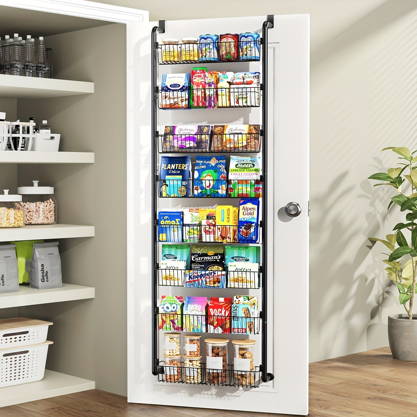 Over the Door Pantry Organizer 6 or 8 Shelf - Heavy-Duty Metal Hanging Storage Rack for Kitchen, Bathroom & Laundry Room, Space-Saving Spice & Food Organizer, Black or White