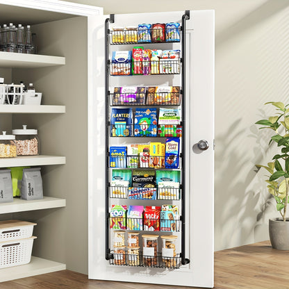 Over the Door Pantry Organizer 6 or 8 Shelf - Heavy-Duty Metal Hanging Storage Rack for Kitchen, Bathroom & Laundry Room, Space-Saving Spice & Food Organizer, Black or White