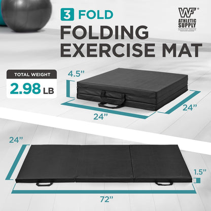 Tri Fold Folding Exercise Mat 1.5" Thick with Carrying Handles - High Density Foam Foldable Gym Mat for Gymnastics, Yoga, MMA, Core Workouts & Stretching, 72" x 24", Easy Storage & Portable