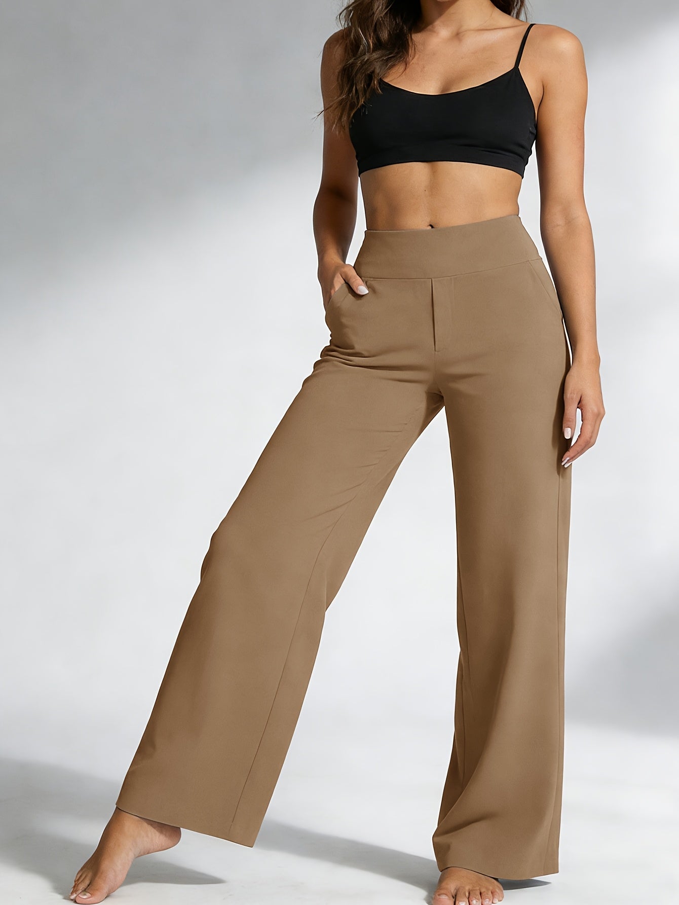 Women's High-Waisted Straight-Leg Yoga Pants with Pockets – Stretchy Casual Loose Fit Sportswear for Ladies, Summer Solid Color Workout Pants for Yoga Gym Pilates & Everyday Wear, S-XXL