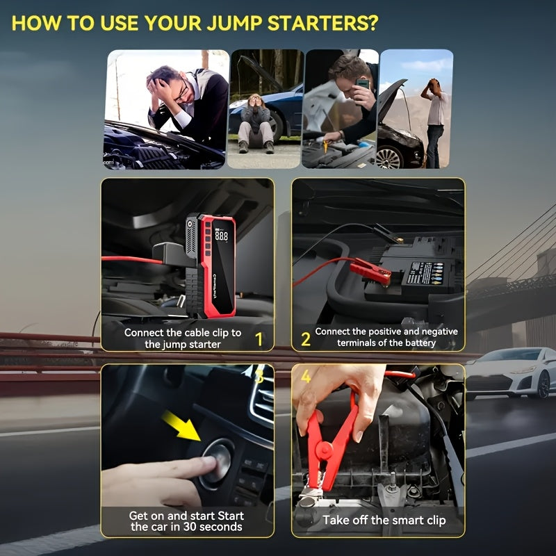 Jump Starter with Digital Tire Inflator 5000A/10000A Peak, Multi-Function Car Jump Box with Smart Battery Clamps LED Flashlight Power Bank, Emergency Kit for Car RV Motorcycle