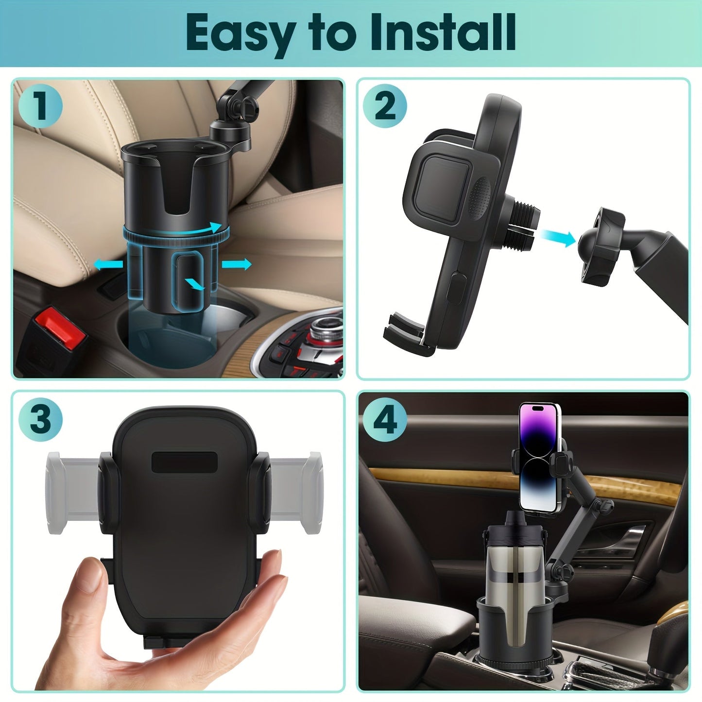 Car Phone Cup Holder Mount 2-in-1 Swivel 360° Rotation Universal Fit for Cars SUVs Trucks with Shock Absorption Trim - Black Extender