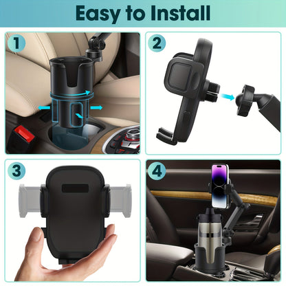 Car Phone Cup Holder Mount 2-in-1 Swivel 360° Rotation Universal Fit for Cars SUVs Trucks with Shock Absorption Trim - Black Extender