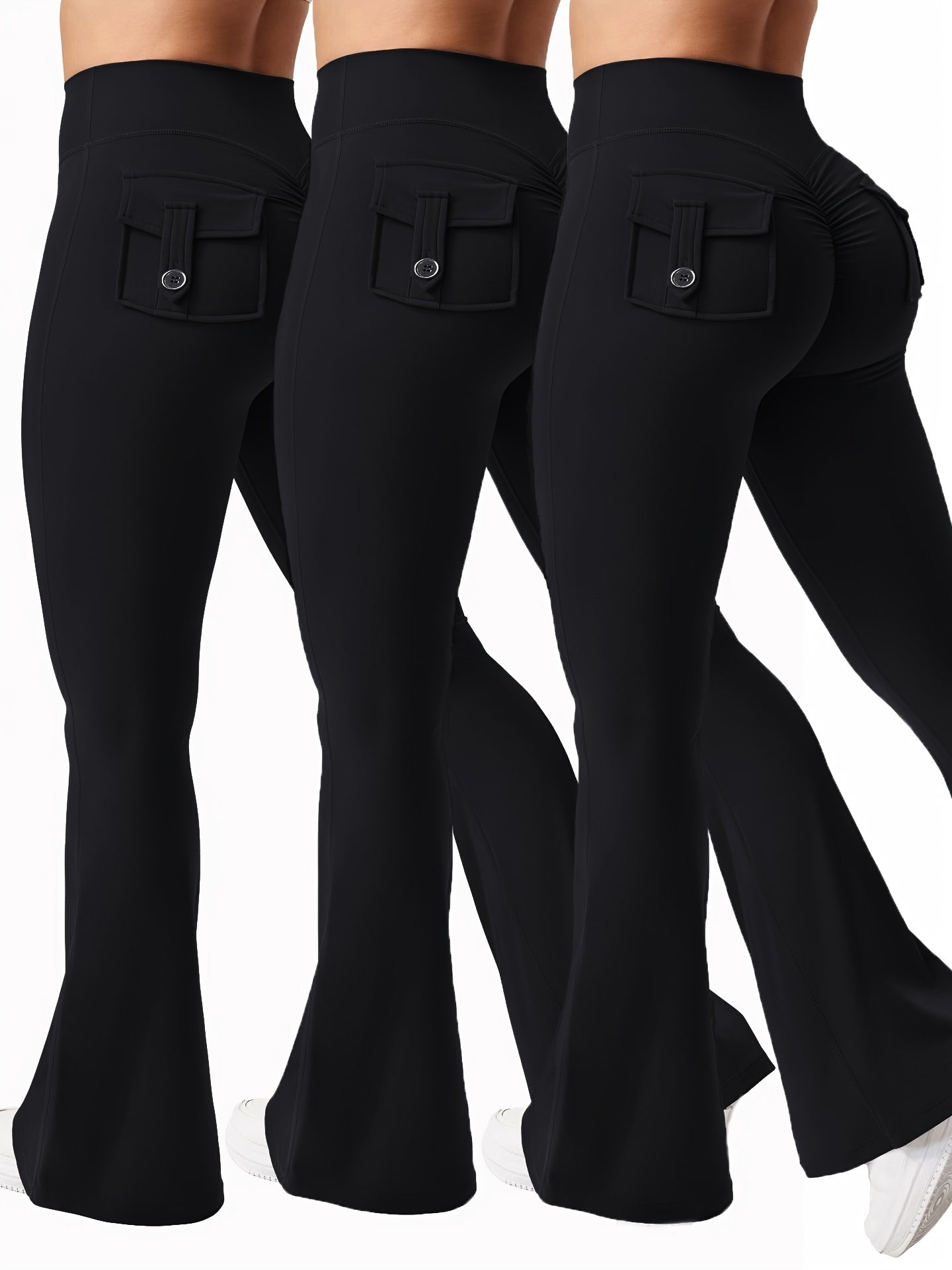Women's 3-Piece High Waist Flare Yoga Pants Set with Belt and Pockets, Scrunch Butt Lifting Squat Proof 90% Polyester Stretchy Flared Leggings for Workout Gym Running Casual Wear