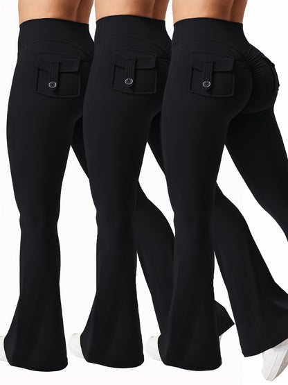 Women's 3-Piece High Waist Flare Yoga Pants Set with Belt and Pockets, Scrunch Butt Lifting Squat Proof 90% Polyester Stretchy Flared Leggings for Workout Gym Running Casual Wear