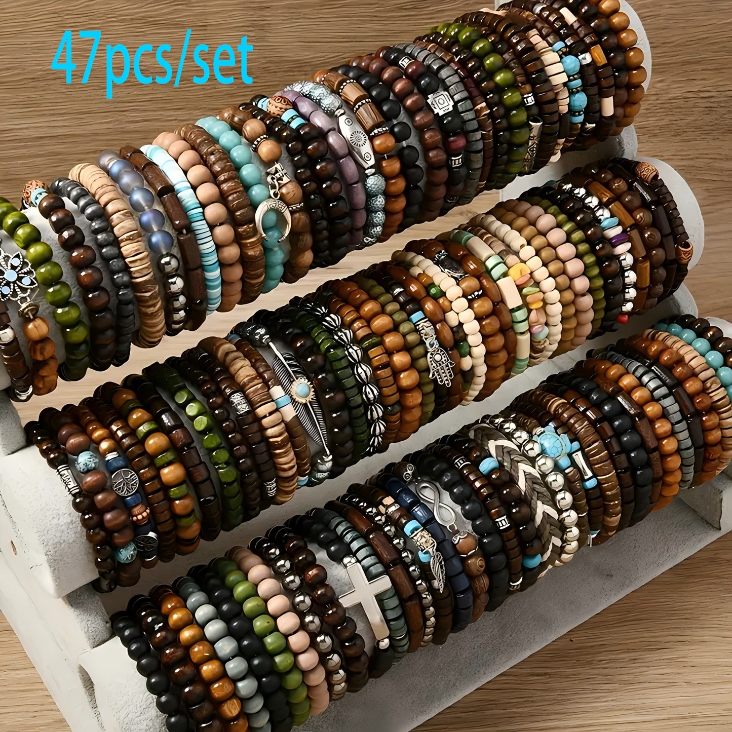 Boho Wood Beaded Bracelet Set – Stackable Elastic Bracelets with Turtle, Cross, Leaf & Feather Charms, Mixed Colors, Choose 12, 24, 47 or 87 Pcs – Perfect for Daily Wear & Gifting