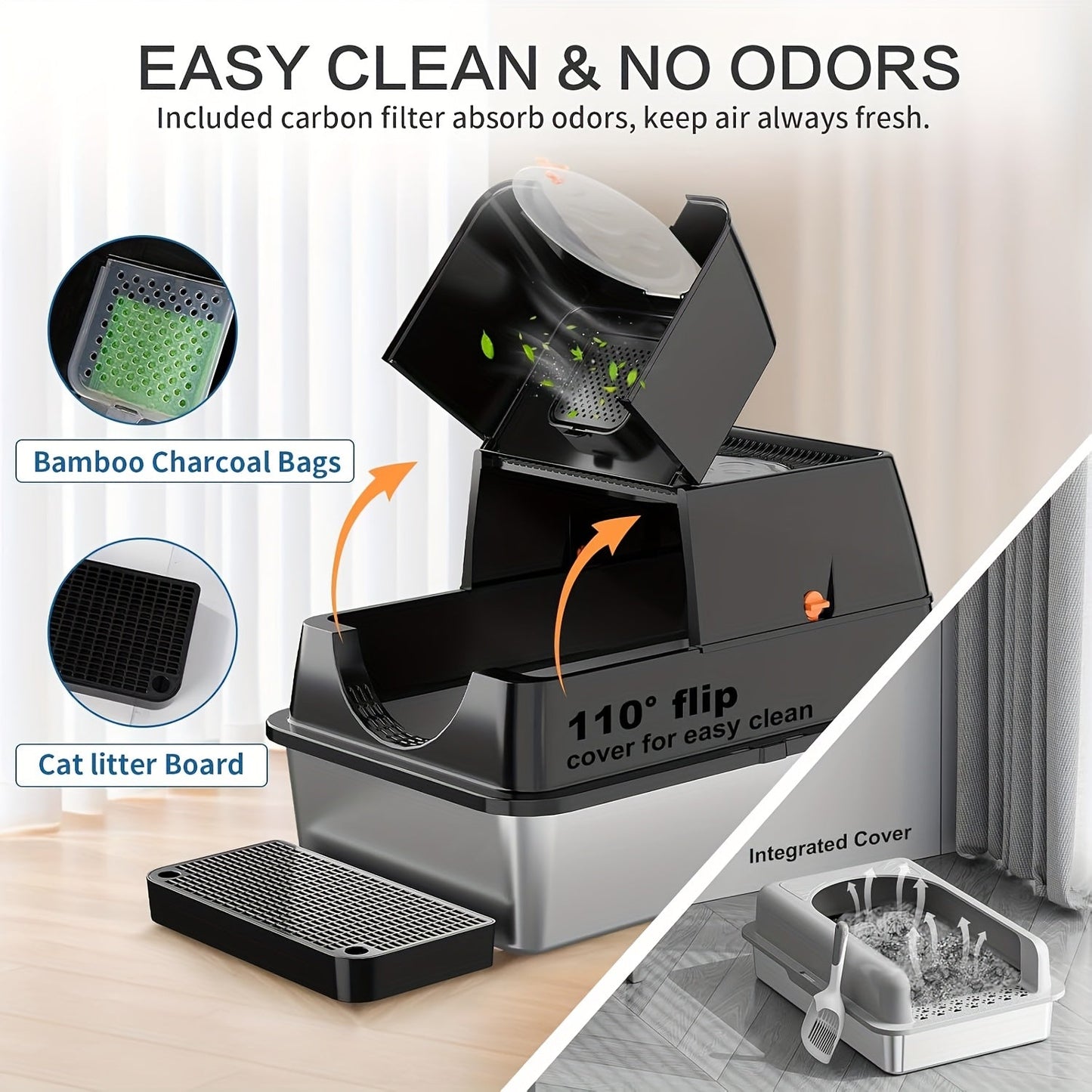 XL Stainless Steel Enclosed Cat Litter Box with Flip Top Lid & High Sidewalls – 3-in-1 Anti-Scatter Metal Litter Pan for Large Cats & Multi-Cat Households