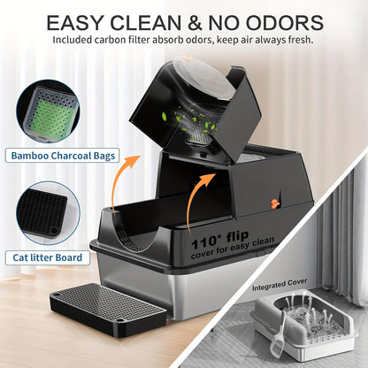 XL Stainless Steel Enclosed Cat Litter Box with Flip Top Lid & High Sidewalls – 3-in-1 Anti-Scatter Metal Litter Pan for Large Cats & Multi-Cat Households