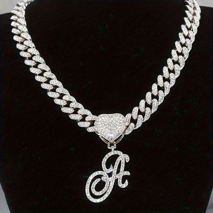 Initial Letter Necklace for Men & Women – Personalized A-Z Silver Cuban Chain with Heart Pendant, Hip Hop Style, 45cm / 17.71in, Perfect Gift for Sports Fans, Birthdays & Everyday Wear