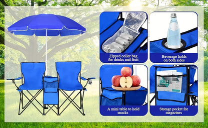 2-Person Folding Beach Chair Set with Umbrella, Table & Cooler Bag – Compact Collapsible Picnic Chair for Beach, Camping & Outdoor Outings, 270 lb Capacity Per Seat