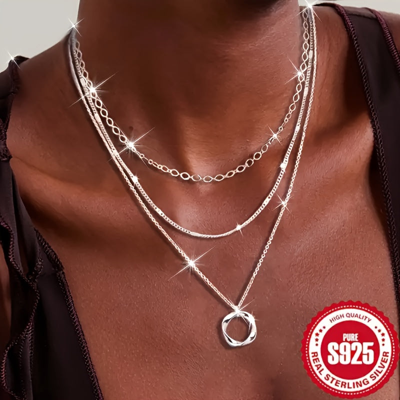 925 Sterling Silver Multi-Layer Necklace with Round Pendant – Trendy Stacking Design for Women & Girls, Elegant Layered Jewelry for Party, Vacation & Gift