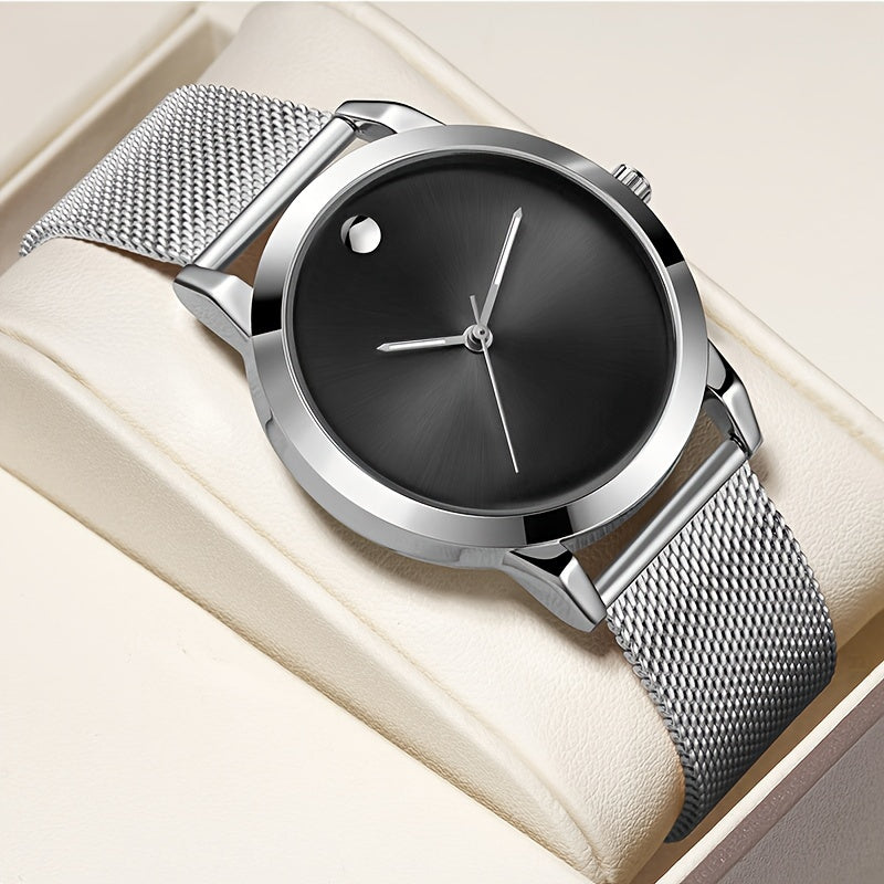Men's Minimalist Stainless Steel Band Quartz Watch Slim Round Dial Casual Fashion Everyday Wear Gift for Him Silver Brown
