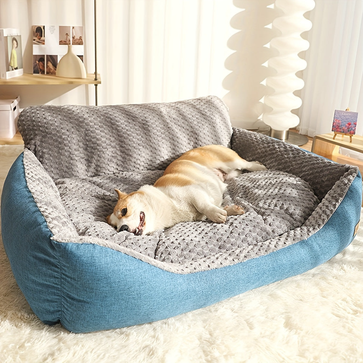 Luxury Plush Pet Sofa Bed with High Backrest – Thick Warm Washable Dog Bed for Large Medium Small Dogs & Cats, All-Season Comfort, Easy-Clean Cover, Sizes S L XL, Grey Blue