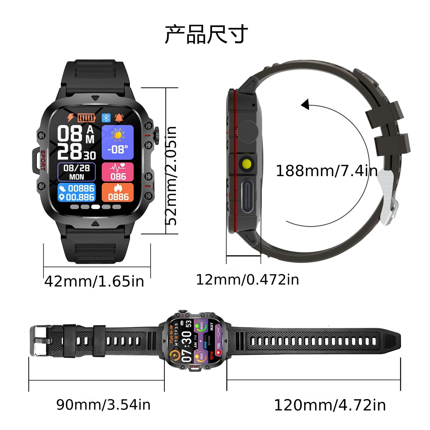 Men's Outdoor Smart Watch 1.81 Inch HD Touchscreen Wireless Calling LED Multiple Sports Modes USB Charging Fitness Tracker Compatible with Android iPhone Silicone Stainless Steel Band Black Gold