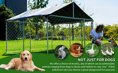 Heavy Duty Outdoor Dog Kennel Enclosure – Galvanized Steel Mesh Cage with Rain & UV-Proof Roof, Secure Lock, Ground Nails, 3 Sizes Available