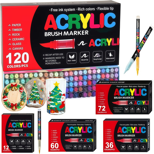Acrylic Paint Markers Brush Tip Waterproof Quick-Drying Paint Pens for Rock Painting Wood Canvas Glass Ceramic Metal 12 to 168 Colors Art Craft Supplies Gift