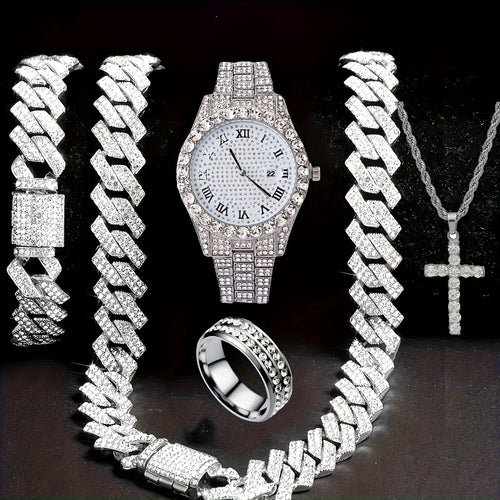 Men's Hip Hop Rhinestone Bling Watch Set with Waterfall Chain Bracelet & Necklace – Sparkling Quartz Watch Jewelry Set for Men, 3pc & 5pc, Perfect Holiday Gift