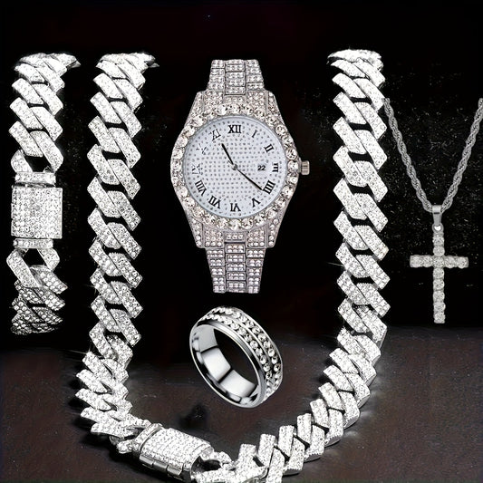 Men's Hip Hop Rhinestone Bling Watch Set with Waterfall Chain Bracelet & Necklace – Sparkling Quartz Watch Jewelry Set for Men, 3pc & 5pc, Perfect Holiday Gift