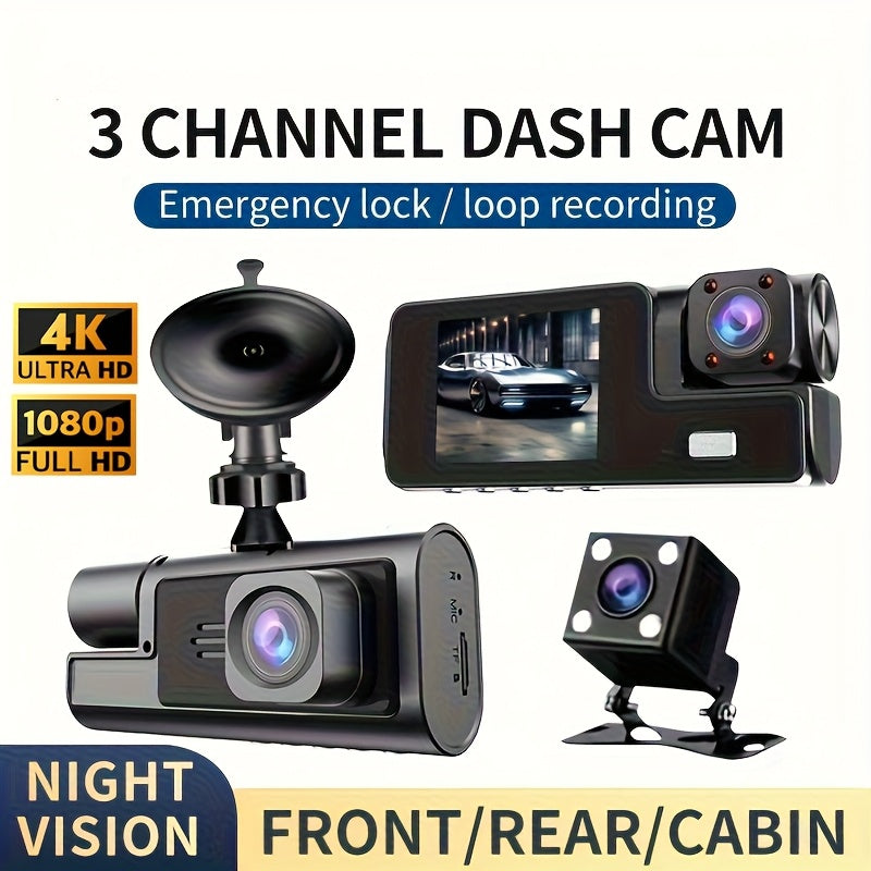 3 Channel Dash Cam 4K Front + 4K Interior + 1080P Rear with Free 32GB Card, Night Vision, G-Sensor, Wide Angle, Real-Time Recording & Parking Monitor – Velora