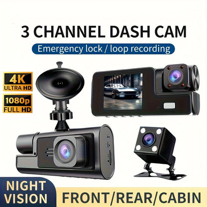 3 Channel Dash Cam 4K Front + 4K Interior + 1080P Rear with Free 32GB Card, Night Vision, G-Sensor, Wide Angle, Real-Time Recording & Parking Monitor – Velora