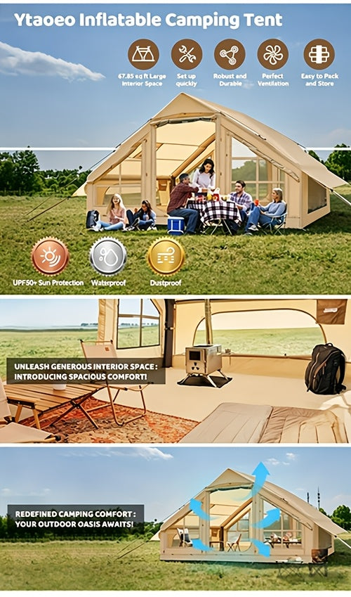 Inflatable Camping Tent 4-6 Person – 4-Season Luxury Air Tent with Manual Pump Easy Setup Windproof Glamping House for Family Outdoor Camping