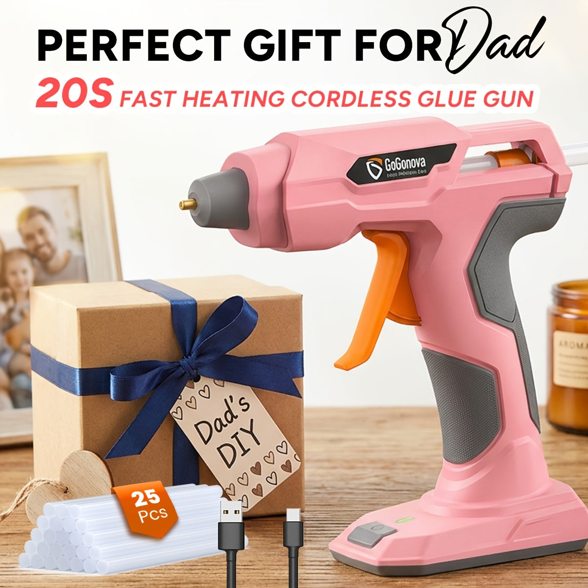 Cordless Hot Glue Gun USB Rechargeable with 25 Glue Sticks – 20 Second Fast Heating Anti-Drip Safety Design for DIY Crafts Home Repair Plush Toy Repair and Handmade Projects – Pink Grey Blue