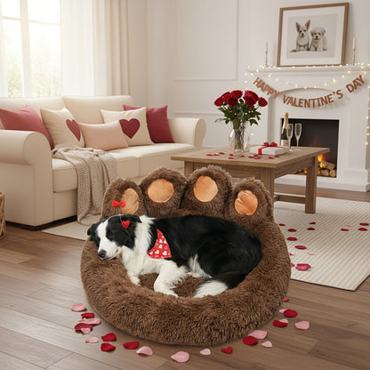 Bear Paw Shaped Donut Dog Bed & Cat Bed – Calming Warm Soft Plush Round Pet Mattress with Bonus Pet Scarf S M L XL 2XL Coffee Pink Grey Brown for Small Medium Large Dogs Cats