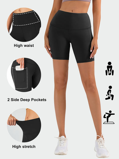 Women's High Waist Yoga Shorts – 4-Way Stretch Sweat-Wicking Athletic Shorts with Elastic Waistband & Side Pockets for Running, Cycling & Training – Black, Dark Gray & Navy, Sizes S-XXL