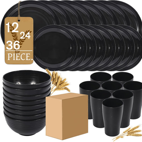 Wheat Straw Dinnerware Set – Reusable Eco-Friendly Plates Bowls & Cups, Dishwasher & Microwave Safe, Unbreakable, 12/24/36 Piece Sets for Camping Party Outdoor & Everyday Use