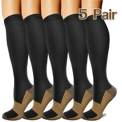 5 Pairs Copper Compression Socks for Women & Men – Black Athletic Support Socks for Running Hiking Cycling Travel, Sizes M-XL, Circulation & Pain Relief Compression Stockings