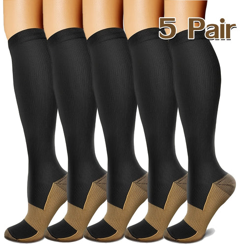 5 Pairs Copper Compression Socks for Women & Men – Black Athletic Support Socks for Running Hiking Cycling Travel, Sizes M-XL, Circulation & Pain Relief Compression Stockings