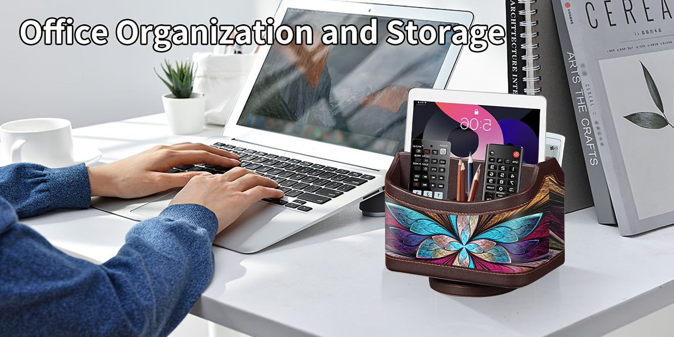 360° Swivel Remote Control Holder – 5-Compartment PU Leather Desk Organizer for TV Remotes, Phones, Eyeglasses, Pens & Office Accessories, Rotating Desktop Storage Caddy