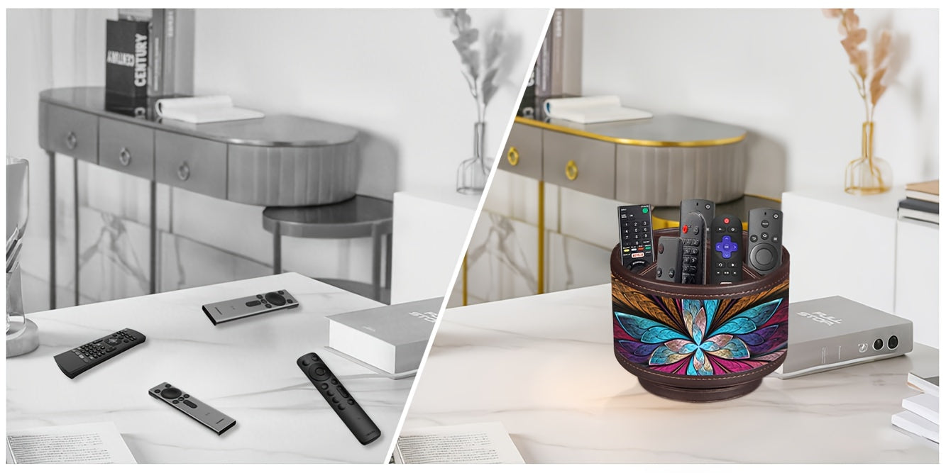 360° Swivel Pen Holder with 4 Compartments – PU Leather Rotating Desk Organizer for Office Supplies, Art Supplies, Remote Controls, Glasses & Accessories, Stylish Pencil Case Storage Box