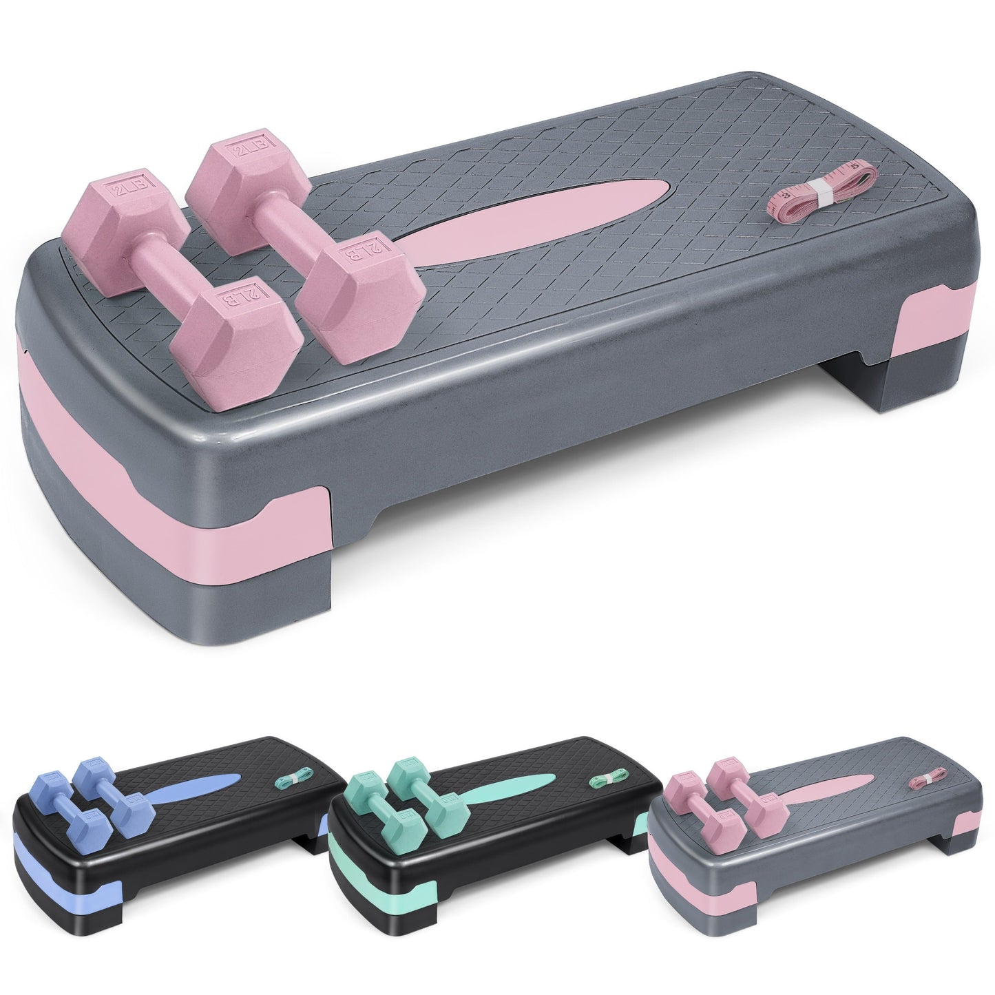 Aerobic Step Platform Set with 2LB Dumbbells & Measuring Tape – Adjustable Height Non-Slip Exercise Stepper 550lb Capacity for Home Gym Cardio Workout, Pink Green Blue