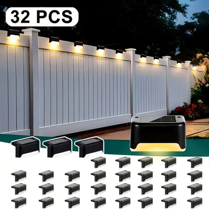 Solar LED Deck Lights Outdoor Stair Step Lights Auto On/Off 12-Hour Warm White Lighting for Fence, Pathway, Patio, Balcony & Yard – Weatherproof ABS, Pack of 8, 16 or 32 – No Wiring Required