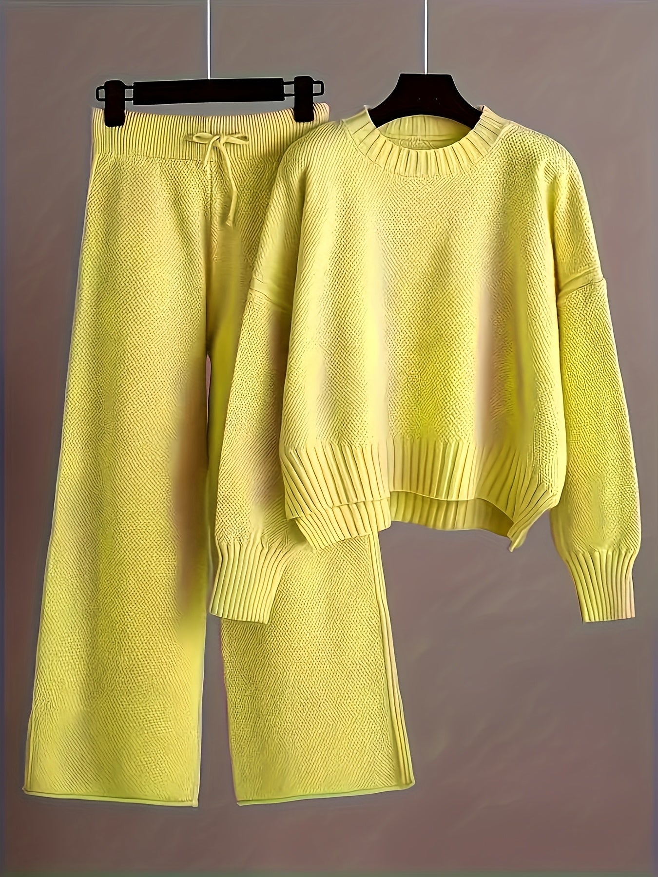 Women's Loose Knit Two-Piece Set – Round Neck Drop Shoulder Sweater & High Waist Wide Leg Drawstring Pants, Retro Casual Cozy Outfit, 10 Colors, Sizes S-XXL