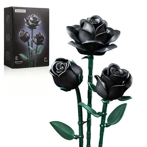 Gothic Black Rose 3D Building Brick Set 152 Pieces Artificial Flower Bouquet Display Model Kit Three Black Roses Unique Gift for Adults Teens Valentine Birthday Halloween Christmas