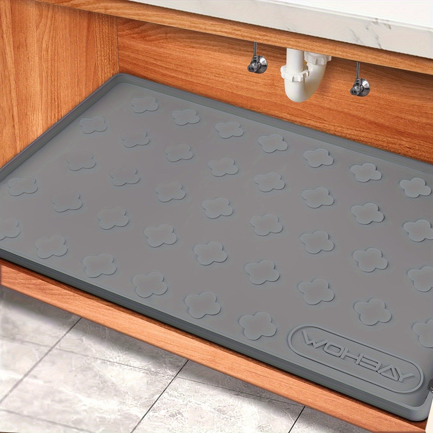 Under Sink Mat Waterproof Silicone 34" x 22", Under Sink Drip Tray Liner for Kitchen Bathroom Cabinet, Holds Up to 2 Gallons, Non-Toxic Leak Protection Mat with Raised Edges & Four-Leaf Clover Pattern