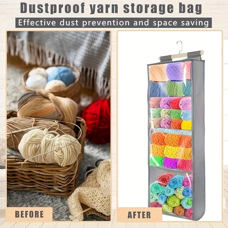 Hanging Yarn Storage Bag with 4 Large Pockets – Transparent Zipper Knitting & Crochet Organizer, Door Hook Rack, Double-Layer Fabric, Keeps Skeins & Hooks Organized | Velora