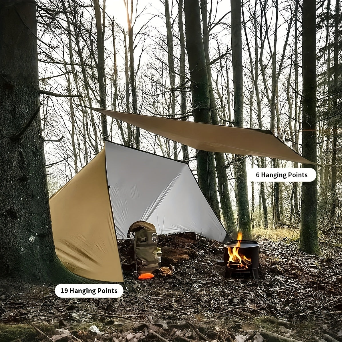 Waterproof Camping Tarp Shelter 19 Tethering Points Hammock Rain Fly Sunshade Lightweight Survival Tarpaulin for Hiking Backpacking Cycling DIY Outdoor Canopy Sun Protection Emergency Shelter