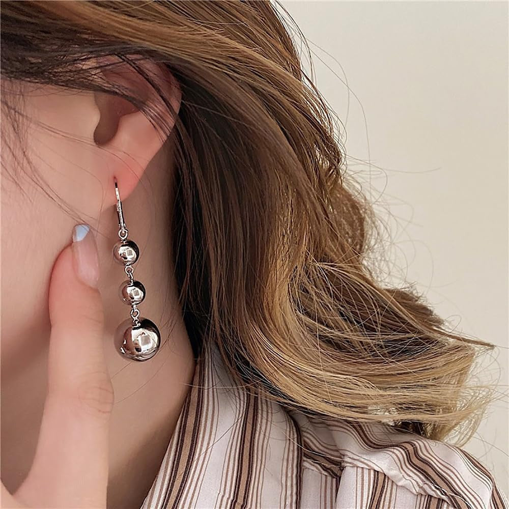 S925 Sterling Silver Triple Ball Drop Dangle Earrings for Women – Retro French Long Design, Elegant Vintage Style, Gold & Silver Tone