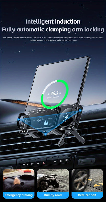 Car Mount with Wireless Fast Charging 15W - Compatible with iPhone 8 to 15 Series, Samsung Galaxy S and Note Series, Fold 5 and Fold 6, Supports Folding Screen Smartphones, USB Powered Dashboard Phone Holder
