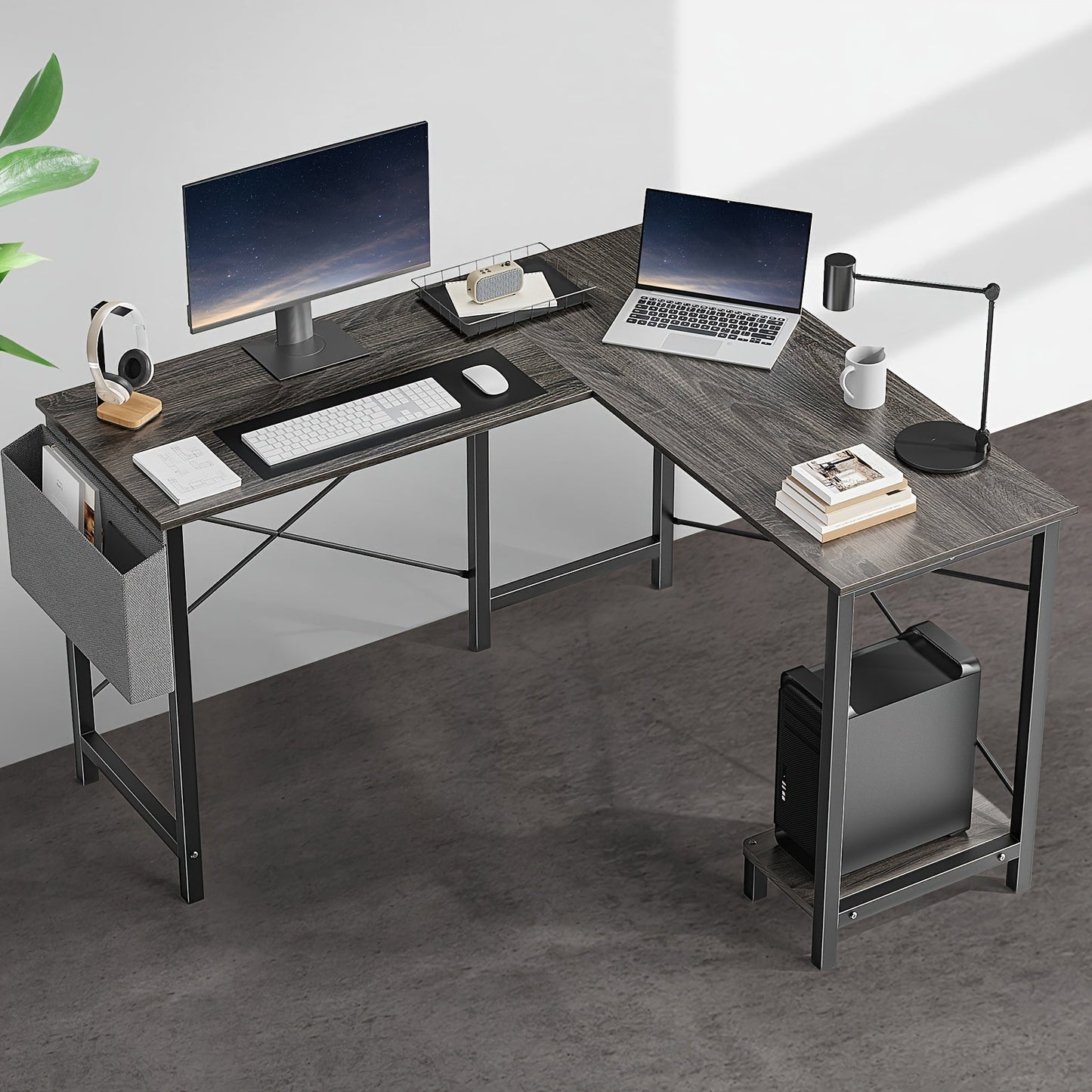 L Shaped Computer Desk with Storage Bag & Shelves – Reversible Corner Office Table, PC Laptop Workstation for Home Office, Study Room, Space-Saving Writing Desk