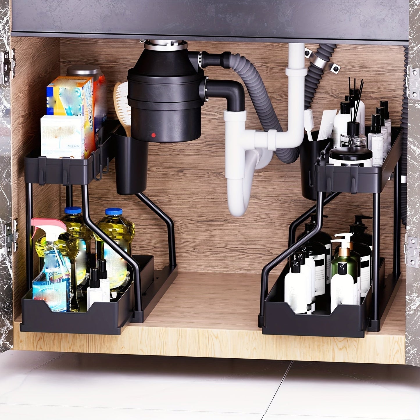 Under Sink Organizer 2-Pack with Sliding Drawer Shelves – Pull-Out Cabinet Storage Rack for Bathroom, Kitchen, Pantry & Vanity, Durable Metal Frame, Space-Saving Organization, Black or White
